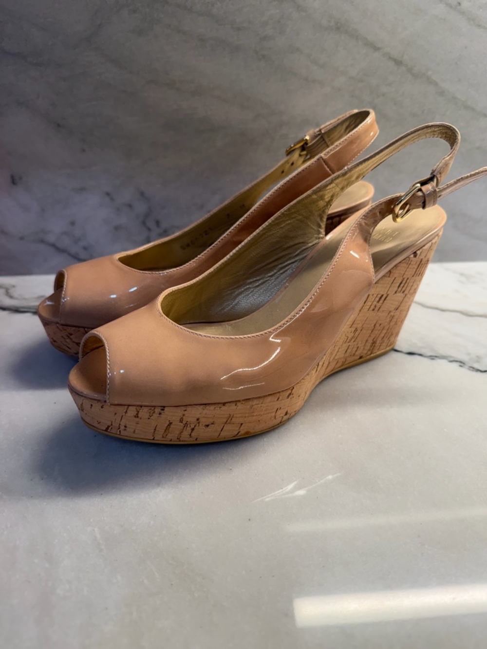 Stuart Weitzman Nude Patent Peep-Toe Cork Wedge Slingbacks